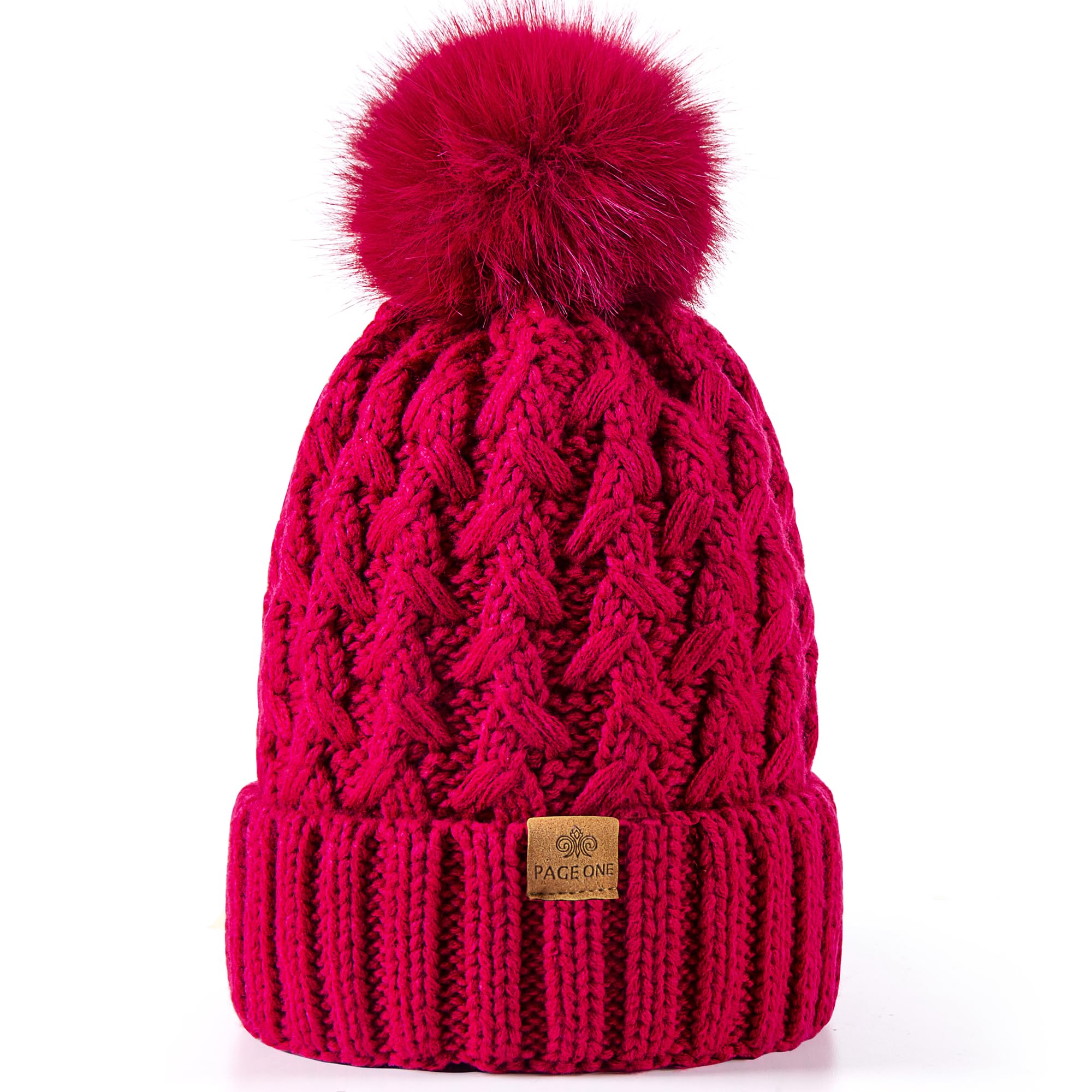 PAGE ONE Womens Winter Ribbed Beanie Crossed Cap Chunky Cable Knit Pompom Soft Warm Hat